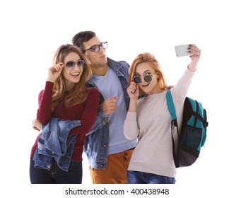 Young People Taking Selfie With Mobile Phone Isolated On White