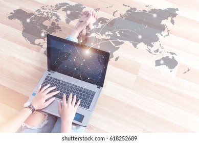 Young people using computer payments online shopping and icon customer network connection on screen.Smart technology E-commerce Internet Global Marketing Purchasing Plan and Internet Banking Concept.