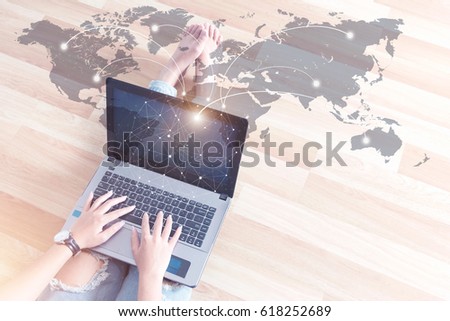 Young people using computer payments online shopping and icon customer network connection on screen.Smart technology E-commerce Internet Global Marketing Purchasing Plan and Internet Banking Concept.