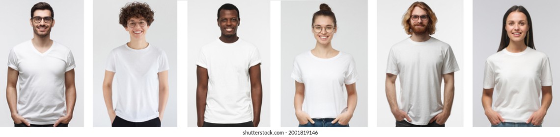 Young people in white t-shirt. Collage of many men and women wearing blank tshirt with copy space for your logo