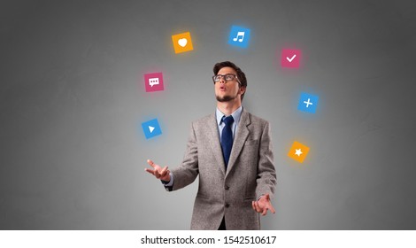 Young person juggle with application icons - Powered by Shutterstock