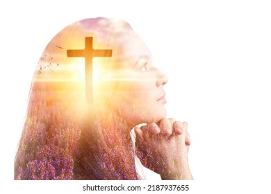 Young person praying and silhouette jesus christ cross against sky. spirituality, religion, worshipper, meditation, christianity and national day of prayer. - Shutterstock ID 2187937655