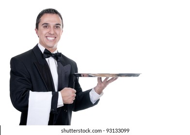 Young person in a suit holding an empty tray isolated on white background