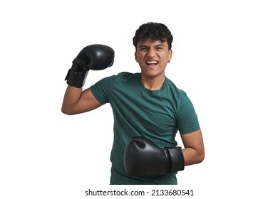 Young Peruvian Boxer Doing A Battle Cry. Isolated Over White Background.