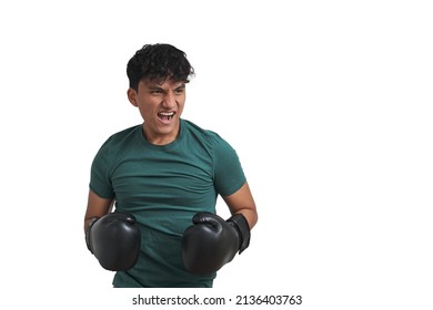 Young Peruvian Boxer Doing A Battle Cry. Isolated Over White Background.