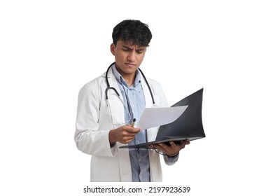 Young Peruvian Male Doctor Concern Reading A Medical Report On A Folder. Isolated Over White Background.