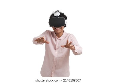 Young peruvian man laughing using virtual reality headset. Isolated over white background. - Powered by Shutterstock - Get 15% off with code: PIKWIZARD15