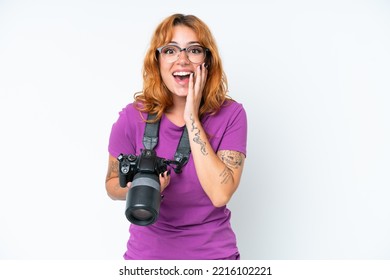 Young photographer caucasian woman isolated on white background with surprise and shocked facial expression - Powered by Shutterstock