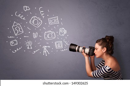 Young Photographer Girl Shooting Photography Icons