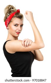 Young Pin-up Blonde Woman Like Classic We Can Do It Poster Isolated Over White Background