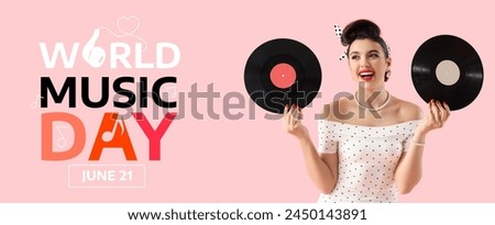 Young pin-up woman with vinyl disks on pink background. Banner for World Music Day