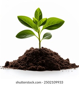 Young plant springing up out of the soil isolated on white background