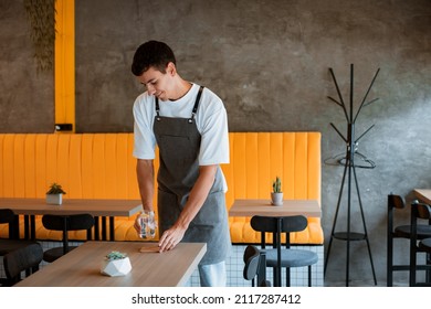 Young pleasant man cafe worker in apron serving table in local stylish coffeehouse or coffee shop