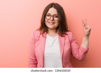 Young Plus Size Business Caucasian Woman Showing Number Two With Fingers.