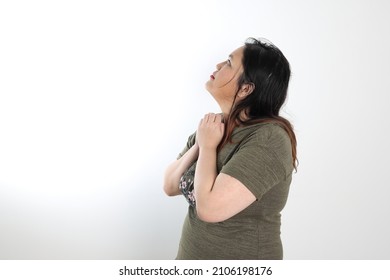 Young Plus Size South East Asian Woman Pose Face Expression Emotion On White Background Think Pray Look Up