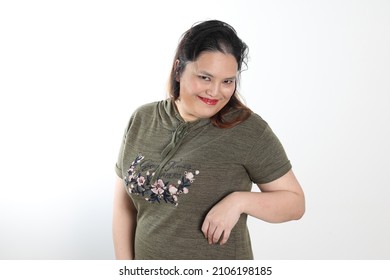 Young Plus Size South East Asian Woman Pose Face Expression Emotion On White Background Smile