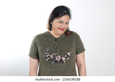 Young Plus Size South East Asian Woman Pose Face Expression Emotion On White Background Smile