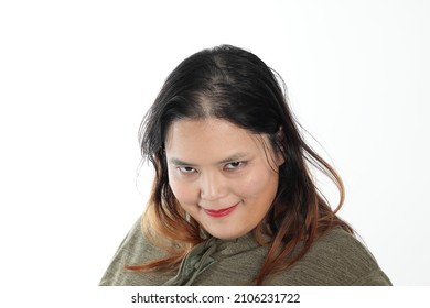 Young Plus Size South East Asian Woman Pose Face Expression Emotion On White Background Smile Villain