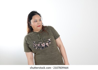 Young Plus Size South East Asian Woman Pose Face Expression Emotion On White Background Shocking Look