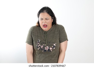 Young Plus Size South East Asian Woman Pose Face Expression Emotion On White Background Disgusting