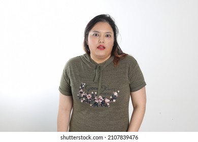 Young Plus Size South East Asian Woman Pose Face Expression Emotion On White Background