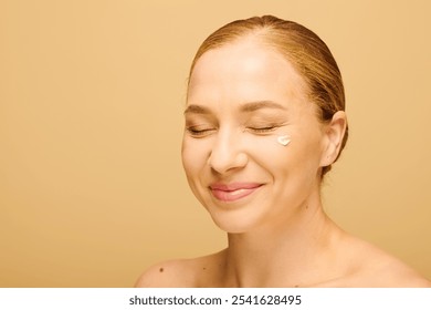 A young plus size woman smiles with cream on her face, radiating happiness. - Powered by Shutterstock