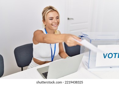 Young Politic Party Worker Smiling Happy Working At Electoral College.