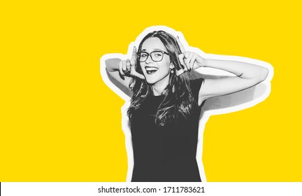 Young positive blonde girl with long hair with a beautiful smile and even teeth. Emotional hipster girl in glasses and a black T-shirt. Modern collage on a yellow background.