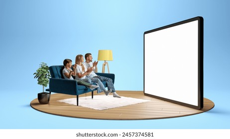 Young positive family in pajamas, man, woman and children sitting on sofa and emotionally looking at giant 3D model of tablet with empty screen. Movie, Tv show. Concept of business, Internet services