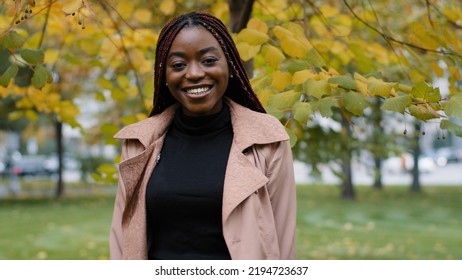 Young Positive Happy African Woman Standing In Autumn Park Looking At Camera Positively Nodding Head Answer Yes Give Positive Answer Agree Approve Excited Joyful Girl Smiling Support Consent