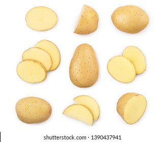 Young potato isolated on white background. Harvest new. Top view. Flat lay, Set or collection