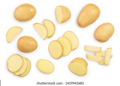 Young potato isolated on white background. Harvest new. Top view. Flat lay, Set or collection