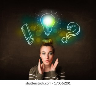 Young preety teenager with hand drawn light bulb illustration