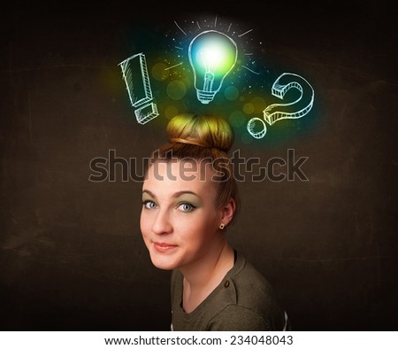 Young preety teenager with hand drawn light bulb illustration