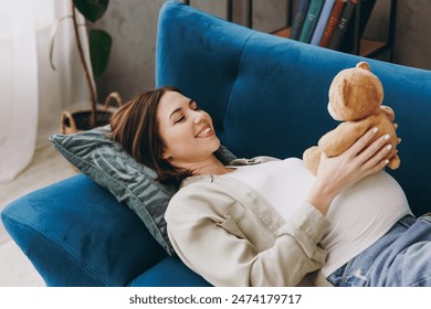 Young pregnant woman with belly wears casual clothes hold teddy bear toy lay down on blue sofa couch stay home hotel flat rest relax spend free time in living room indoor. Maternity pregnancy concept - Powered by Shutterstock