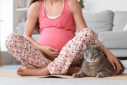 Young Pregnant Woman With Cute Cat Sitting On Yoga Mat At Home, Closeup