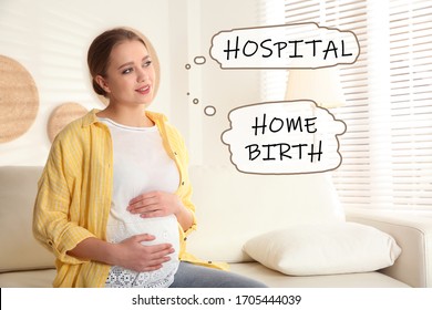 Young pregnant woman on sofa at home. Choice between Hospital and Home Birth