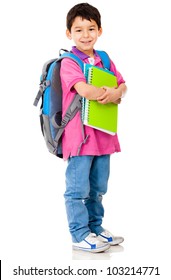 Young Preschool Student Carrying Backpack And Notebooks - Isolated Over White