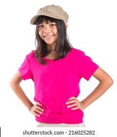 Young preteen Asian girl with a cap over white background