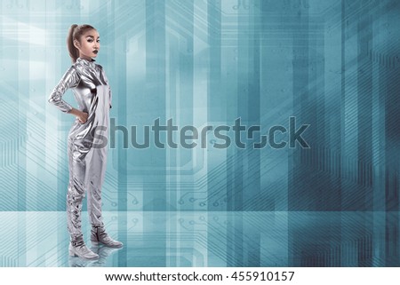 Young pretty asian woman inside digital world. Virtual reality concept