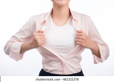 Young Pretty Asian Woman Opening Her Shirt Like A Superhero Isolated On White.