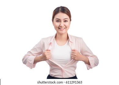 Young Pretty Asian Woman Opening Her Shirt Like A Superhero Isolated On White.