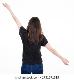 young pretty behind rear view back woman winning situation arms up