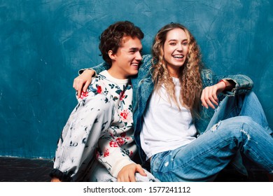 young pretty boy and girl friends happy smiling together in interior, lifestyle people concept