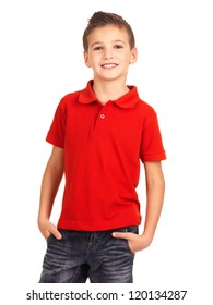 Young Pretty Boy Posing At Studio As A Fashion Model. Photo Of Preschooler 8 Years Old Over White Background