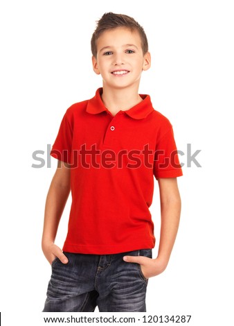 Young pretty boy posing at studio as a fashion model. Photo of preschooler 8 years old over white background