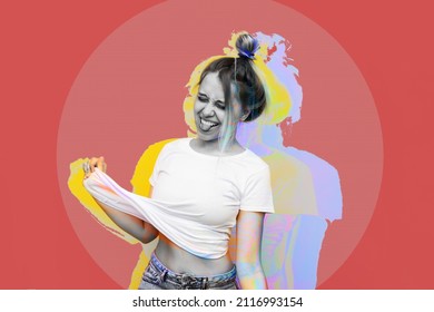 A Young Pretty Caucasian Ridiculous Blonde Woman Shows Tongue Grimacing And Pulling Up Her White T-shirt. Trendy Abstact Collage In Magazine Urban Style. Contemporary Art. Modern Design