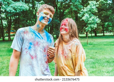 Young Pretty Couple Having Fun At Holi Fest. Spring Fest