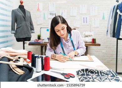 Young Pretty Dressmaker Drawing Designs Ruler Stock Photo 1535896739 ...