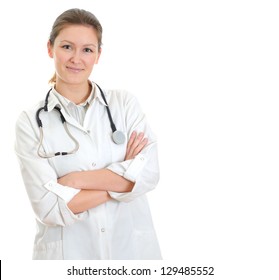 Young Pretty Female Doctor In Uniform Over White Background